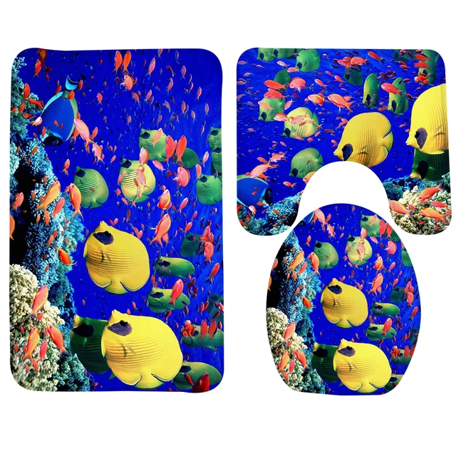 3pcs Bathroom Rug Sets Animated Fish Tank Ocean Tropical 3pcs Bathroom Rug Sets Animated Fish Tank Ocean Tropical Pattern Bath Mat Anti Slip Shower