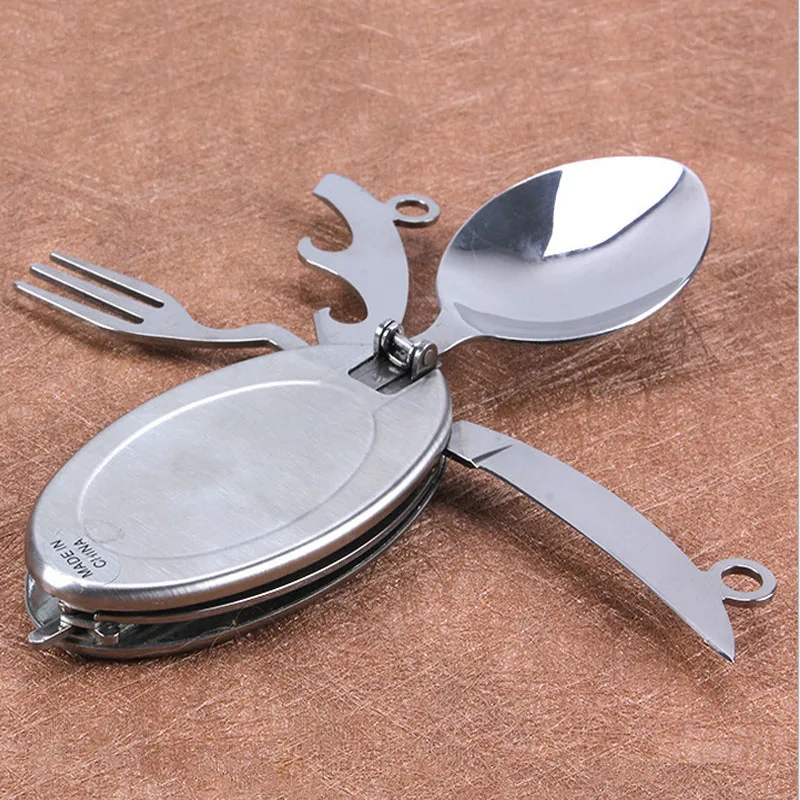 Forma Oval de camping vajilla de acero inoxidable cubiertos conjunto con cuchara cuchillo tenedor para viajes de picnic multifuncional EDC Al Aire Libre
