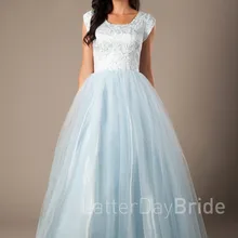 Простой, синего цвета и цвета слоновой кости кружевные тюлевые платья для выпускного вечера длинное скромное одежда с рукавами расклешенное, длиной до пола vestido de festa выпускное платье