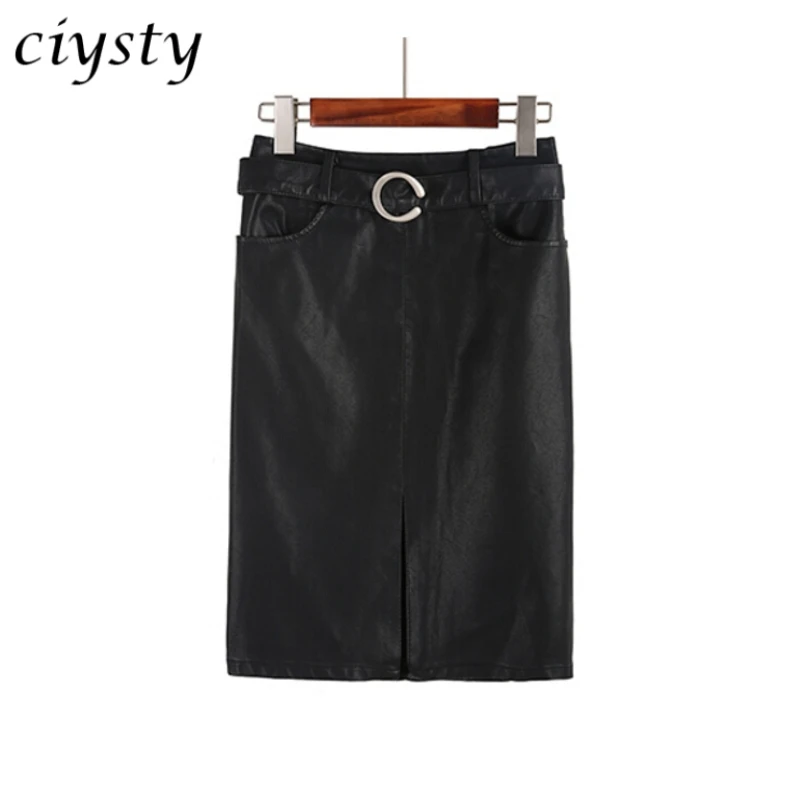 Ciysty 2017 Trendy Sexy PU Leather Split High Waist A Line Skirt Women Elegant Knee Length Pencil | Женская одежда