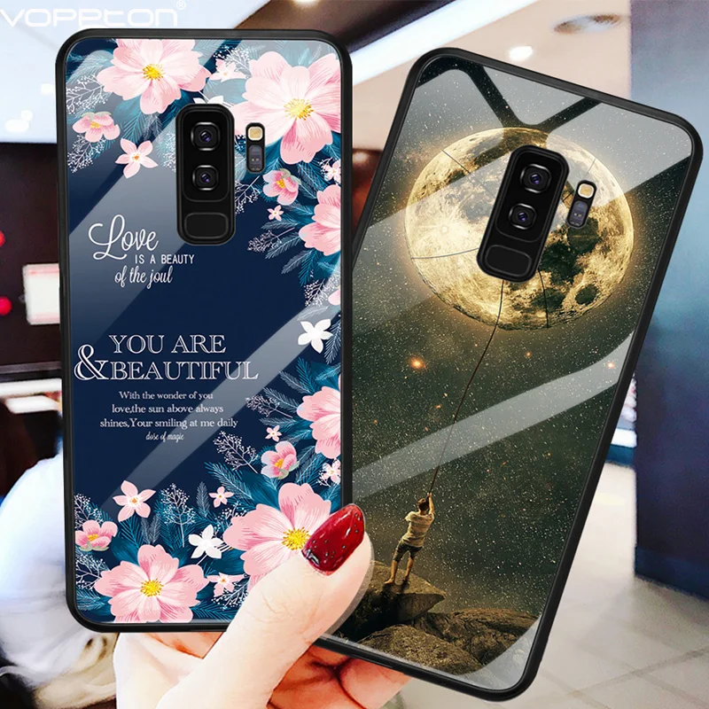 For Samsung galaxy A7 2018 Case Flower Planet Patterned Tempered Glass Hard Cover for S9 Plus Note 9 Phone |