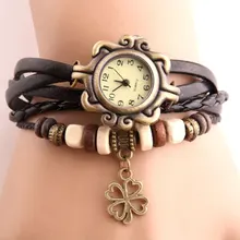Vintage Four-leaf clover Pendant Watch Imitation Leather Bracelet Women Watches Wooden Bead Ladies Wrist Watch Women reloj mujer Vintage Four-leaf clover Pendant Watch Imitation Leather Bracelet Women Watches Wooden Bead Ladies Wrist Watch Women reloj mujer