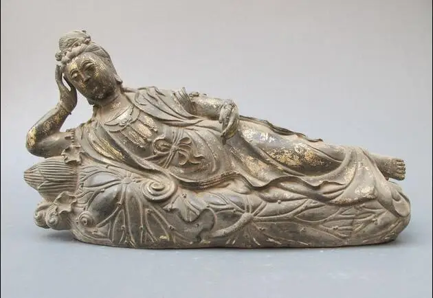 

16"China Tibet Bronze Sleep Kwan-Yin of Mercy on lotus Buddha statue