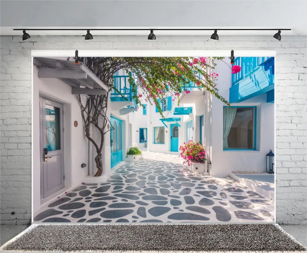 Laeacco Town Houses Roadways Flowers Shop Scenic Photography Background Customized Photographic Backdrops For Photo Studio Laeacco Town Houses Roadways Flowers Shop Scenic Photography Background Customized Photographic Backdrops For Photo Studio
