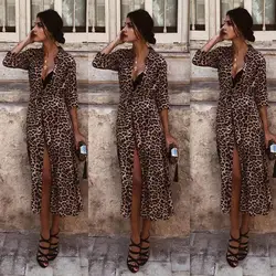 Юбки для женщин 2018 новый бренд для Bodycon Тонкий с длинным рукавом платья с v-образным вырезом Вечеринка леопардовым принтом