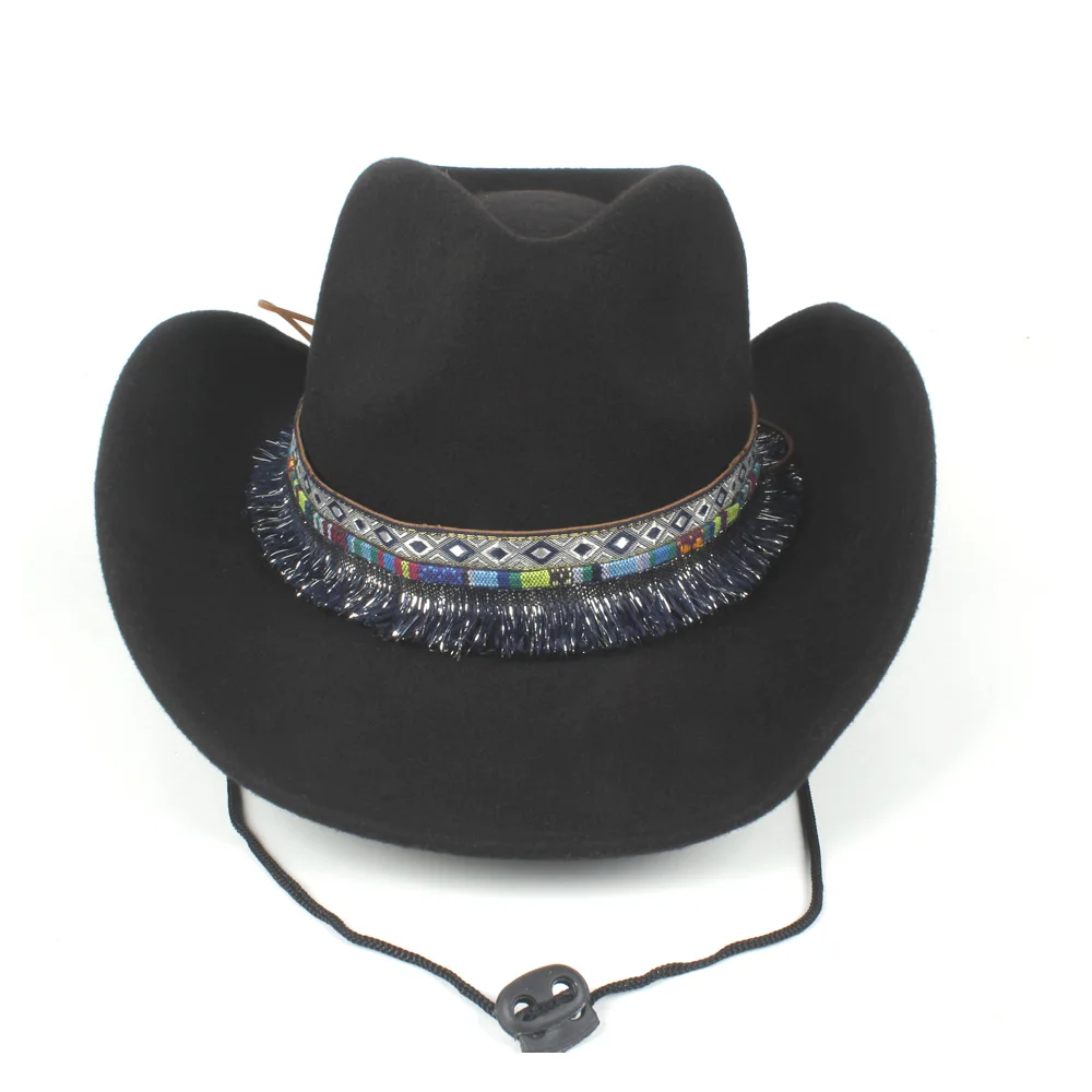 Женская шерстяная полая западная ковбойская шляпа с широкими полями женская кисточка Outblack Fedora Sombrero Hombre джаз шляпа