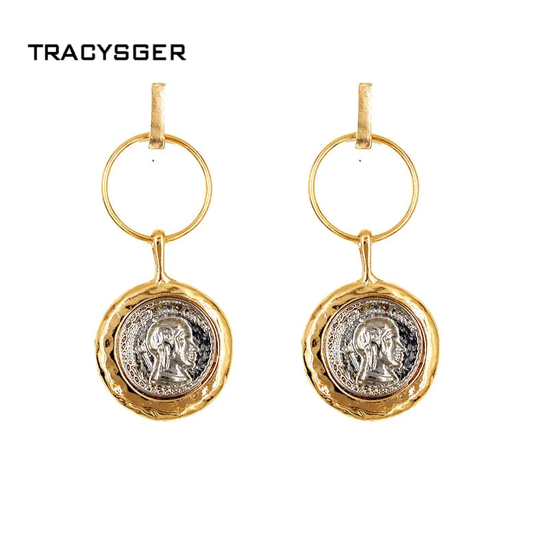 

AJ-ER84229 /TRACYSGER/European and American Retro coin Relief portrait Doublecoin head earrings