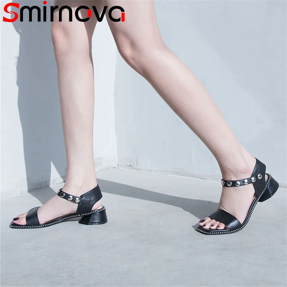 

Smirnova black white fashion summer new shoes woman buckle sandals women med heels prom genuine leather shoes 2018 new arrival