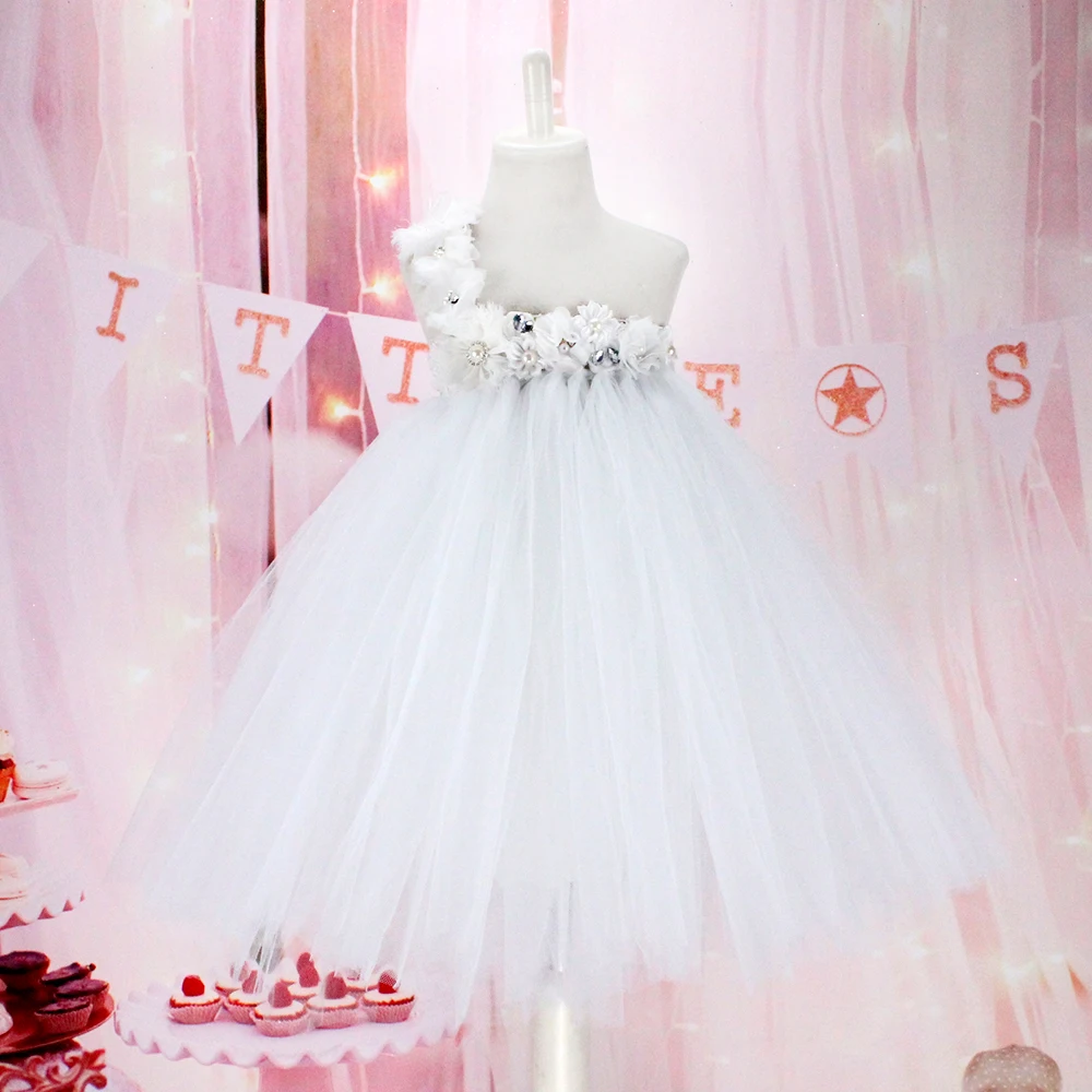

white wedding flower girls party tutus soft nylon tulle dress for toddlers kids girls birthday party Easter white dress