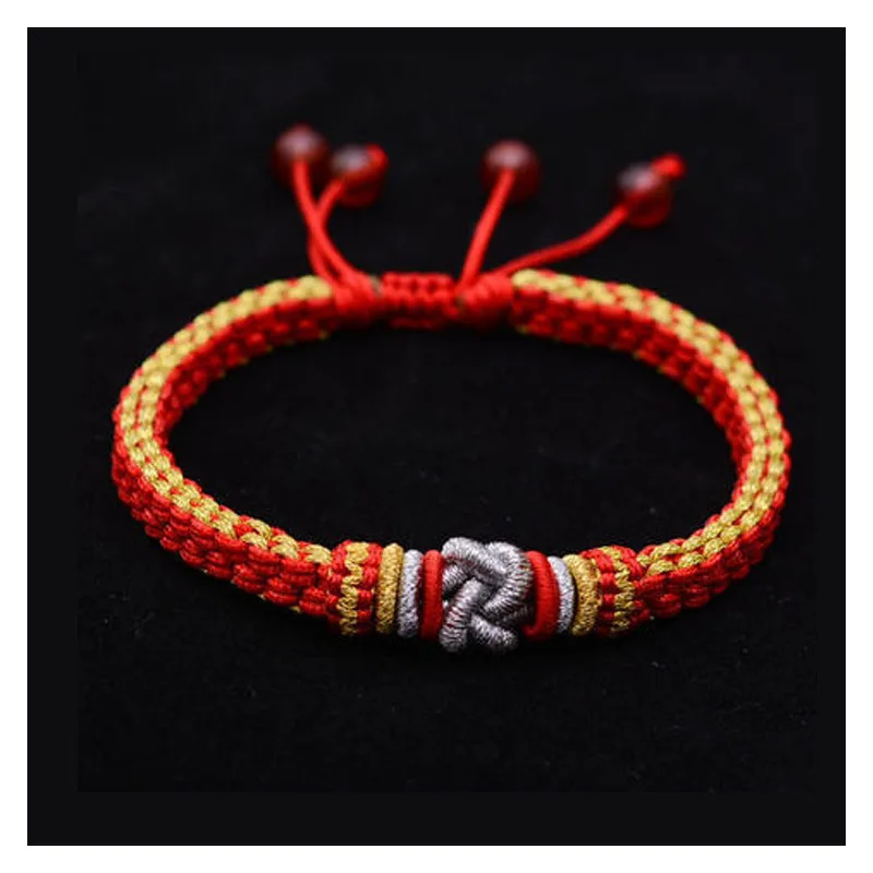 Ручной работы счастливый красный веревочный браслет Пара Этнические тибетские ювелирные изделия концентрические узлы Регулируемая струна для мужчин и женщин - Окраска металла: red