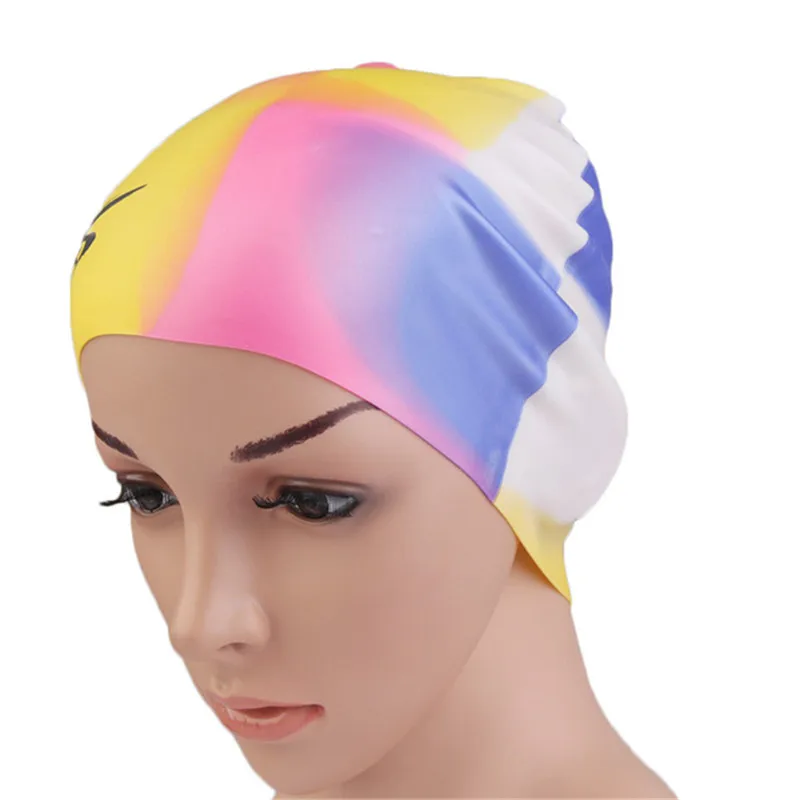 Женская шапочка для плавания, эластичная мягкая силиконовая шапочка для плавания, легкая водонепроницаемая многоцветная Защитная шапка для длинных волос - Цвет: C
