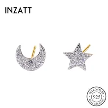INZATT, настоящее 925 пробы, Серебряный крошечный циркон, звезда и луна, ассиметричные серьги-гвоздики для очаровательных женщин, милые вечерние ювелирные изделия