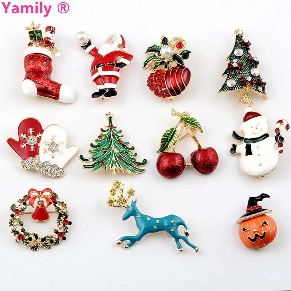 

Yamily Xmas Enamel Snowman Stockings Santa Tree Milu deer Brooch Pin Christmas Gifts Women Men Brooches Charm