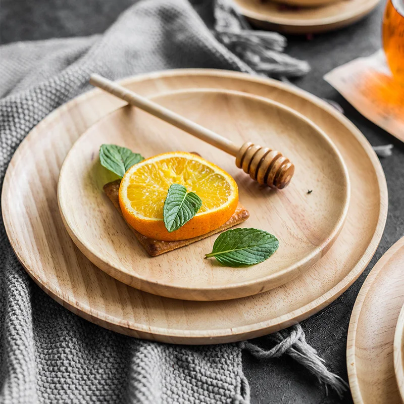 Round Wooden Plates Large Small Wood Serving Tray Tea Plate Wood Dessert Cake Dishes Salad Plate Wood Kitchen Utensils Tableware (1)