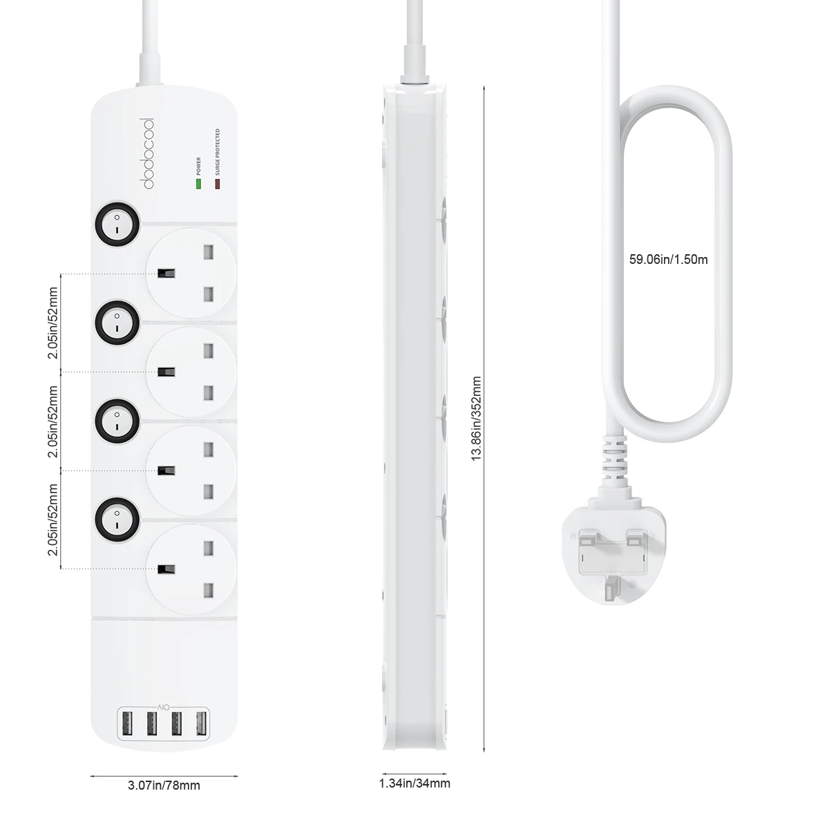 dodocool Surge Protector Power Strip with 4 USB Charging Ports and 4-Outlets Overload Protection Individually Controlled Switch