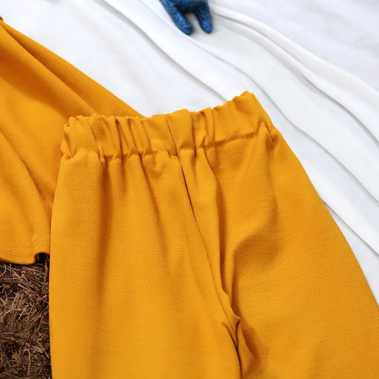 Осень, новинка, женская Трикотажная хлопковая рубашка с круглым вырезом и коротким рукавом, необычная рубашка с высокой талией, широкие брюки, костюм, женский комплект из двух предметов