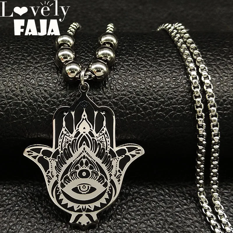 

2019 Fashion Stainless Steel Statement Necklace Women Silver Color Islam Hamsa Hand Necklaces Pendants Jewelry colgantes N18738