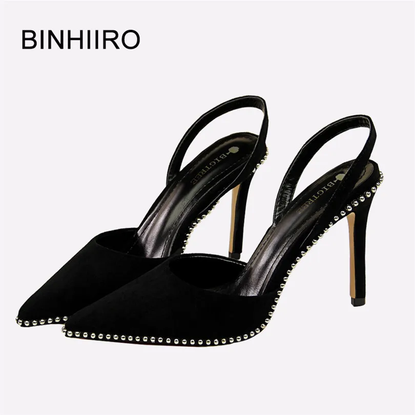 

BINHIIRO 2019 Summer Woman Flock Rivet Sandals Pointed Toe Buckle Strap Thin Heels Office Sandals Sexy Party Black Femme Sandals