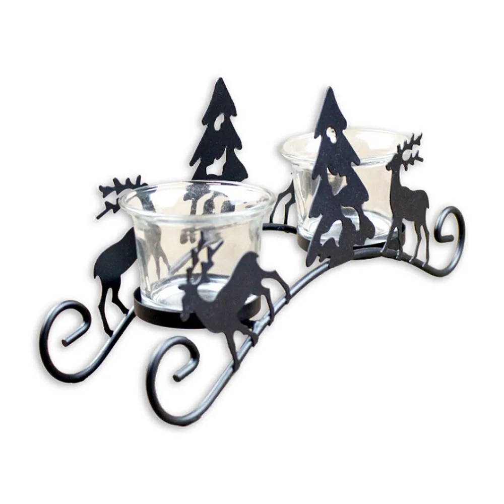 

1 Piece Retro Iron Candle Holders Christmas Tree Deer Carriage Candlestick Bar Home Decoration with 2 Light Glass Holder