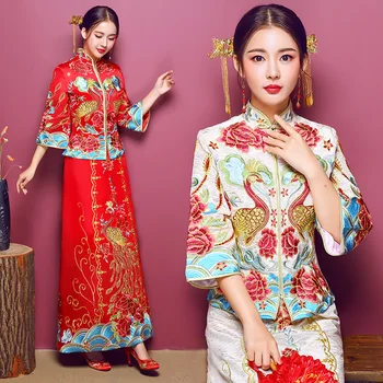 

Oriental Bride Wedding Party Dress Gown Chinese Classic Rhinestone Peacock Cheongsam Elegant Women Marriage Set Hanfu Clothing