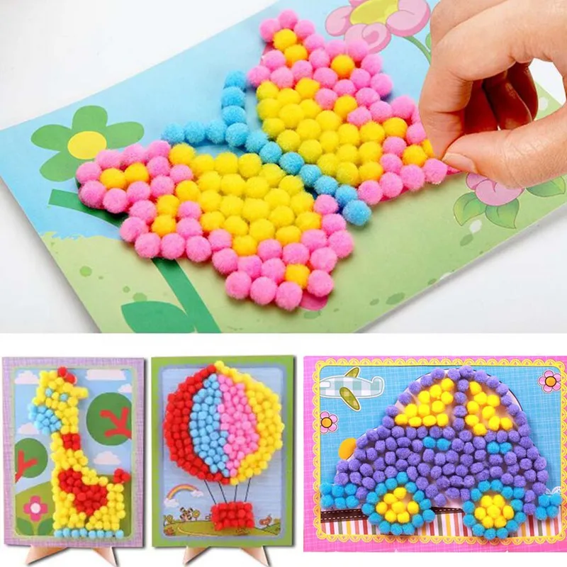 1 pack Baby Kids Creative DIY Plush Ball Painting Stickers Children Educational Handmade Material Cartoon Puzzles Crafts Toy