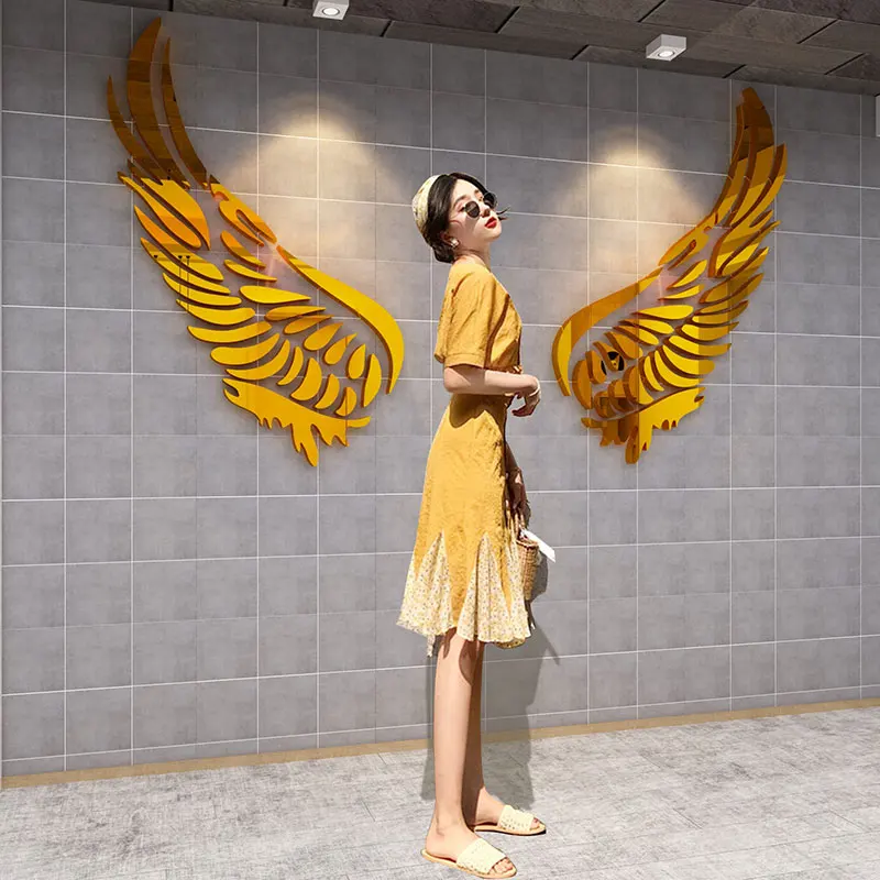 

Girls Room Decoration Wall mirror golden sliver Angel wings Acrylic wall sticker creative self-adhesive DIY wall decoration