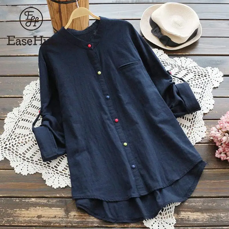 

EaseHut Women Plus Size Cotton Blouse and Shirts Solid V-Neck Roll-up Long Sleeve Asymmetry Hem Loose Casual Vintage Tops Blusa