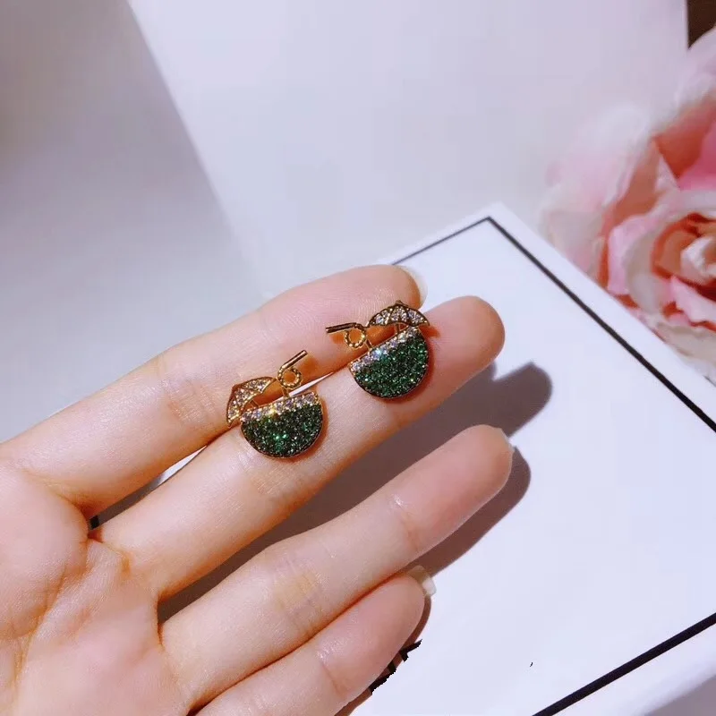 

Promotion Copper Zircon Coconut Stud Earring Green Zircon Cocktail Women Wedding Summer Lucky Earring 925 Silver Ear Pin