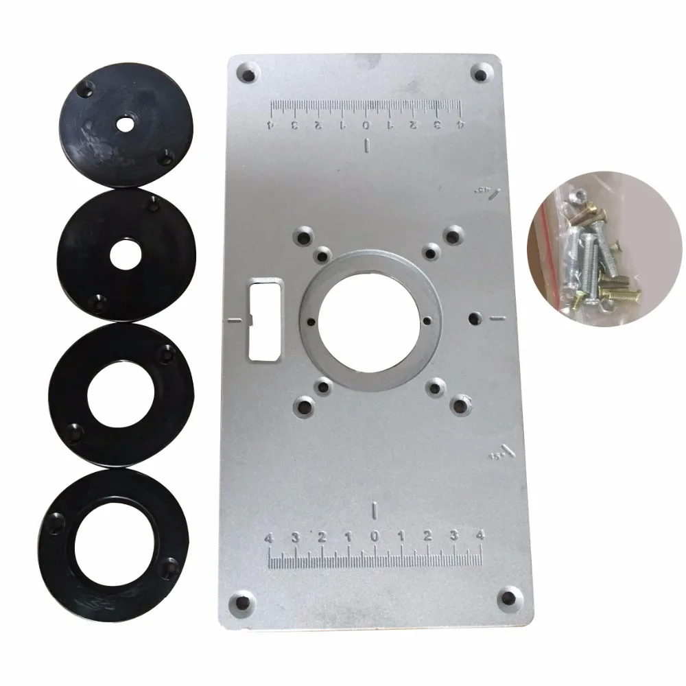

New 700C Aluminum Router Table Insert Plate 4Pcs Insert Rings Wood Router Table For Woodworking Benches 235mm*120mm*9mm