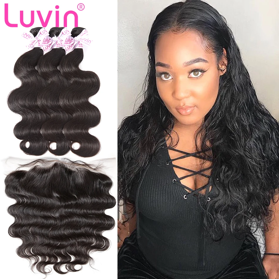 

Luvin Brazilian Hair Weave Human Hair Bundles Body Wave Remy Hair 3 4 Bundles With Lace Frontal Closure Wavy Hair Extensions