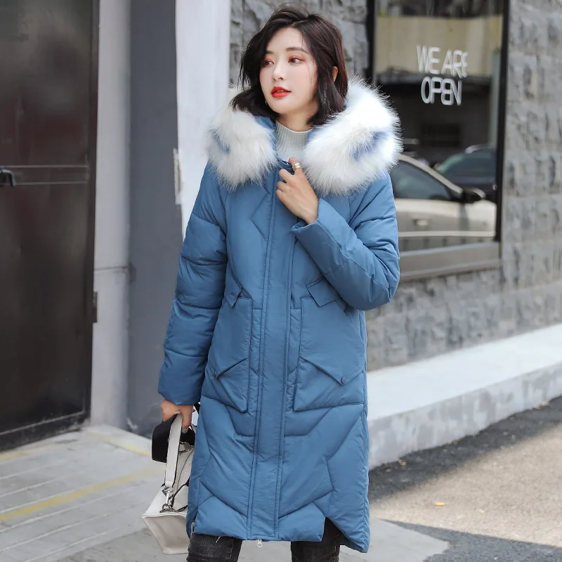 Женская зимняя куртка в Корейском стиле, теплая, с капюшоном, с меховым воротником, Женская куртка, длинная парка - Цвет: Синий
