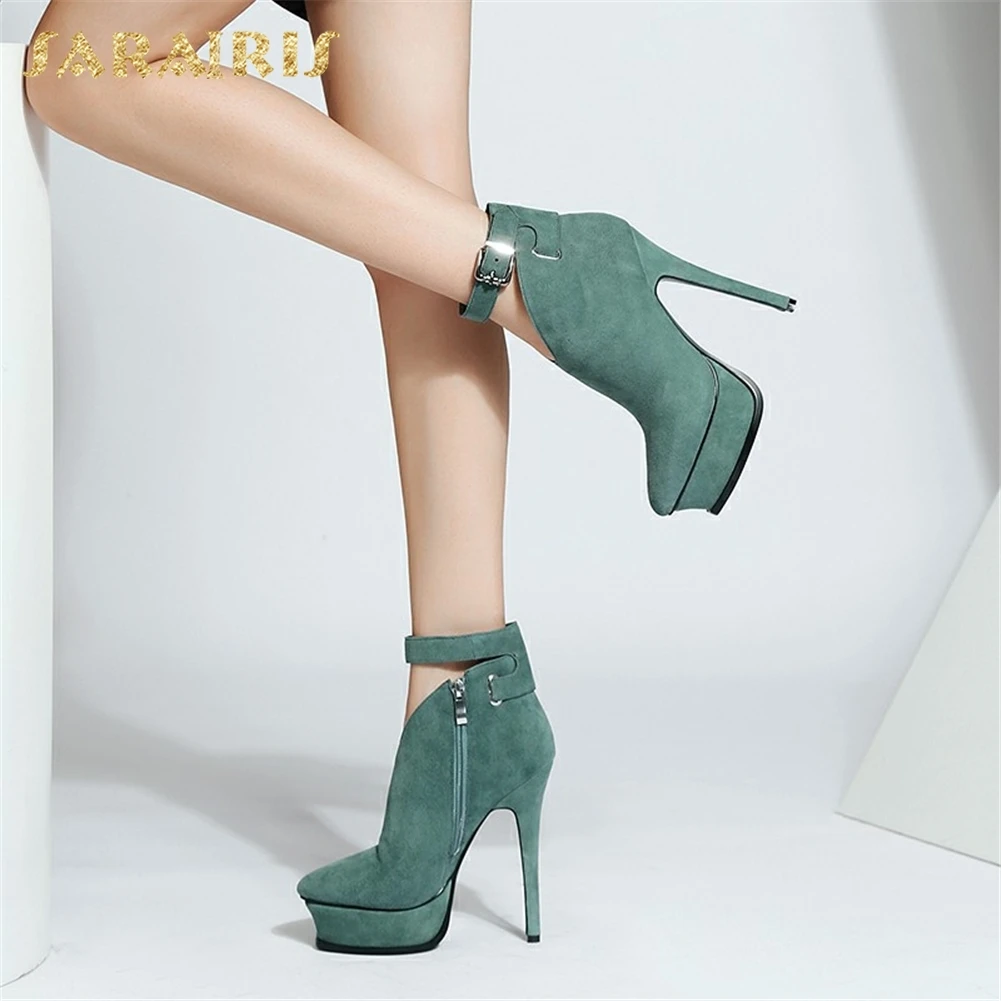 

SARAIRIS 2018 Kid Suede Hot Sale Zip Up Boots Woman Shoes Solid Elegant Thin High Heels Platform Ankle Boots Shoes Woman