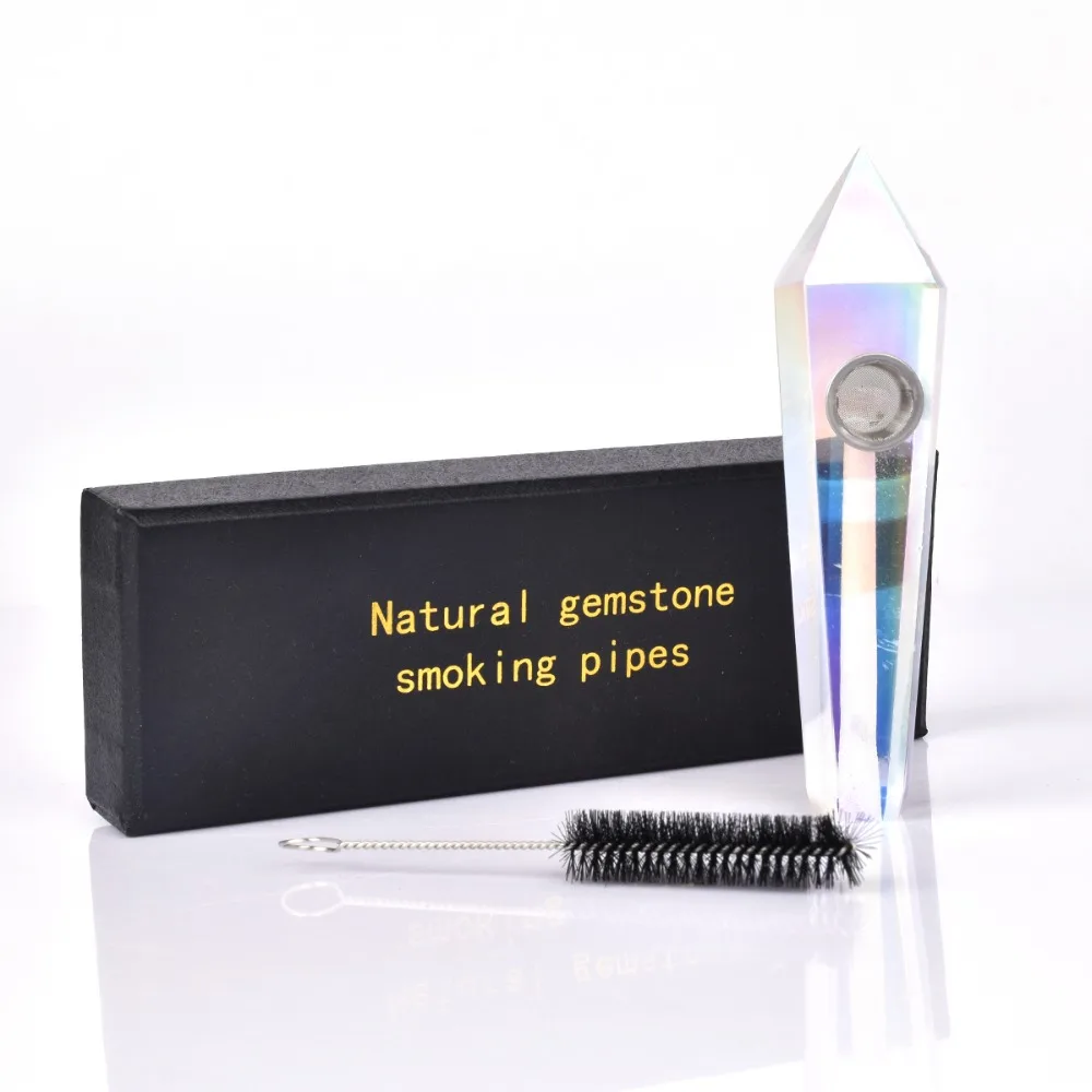 

Wholesale ! White Electroplate Quartz Crystal Smoking Pipe Tobacco Wand Healing Holder Smoke With Metal Filter +Box gift