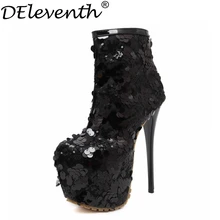 2016 Sequined Cloth High Platform Boots Bling High Heels Pointed Toe Zip Glitter Shoes Women Sexy Evening Party Black Size34-40
