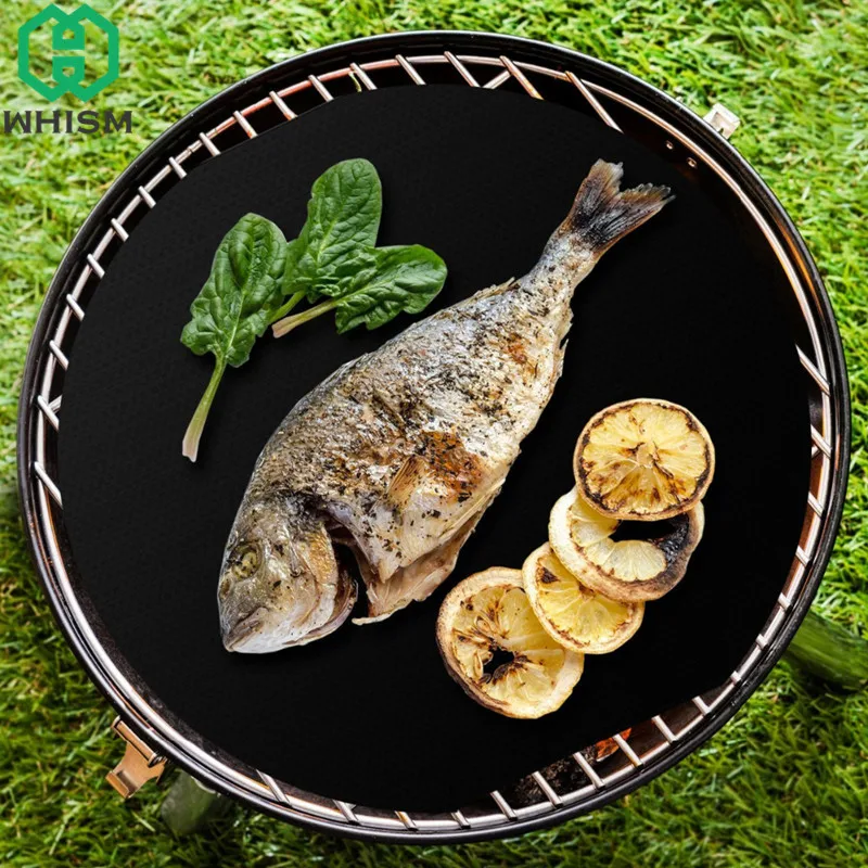 WHISM 40CM Round Shape PTFE Non Stick BBQ Grill Mat Reusable Portable