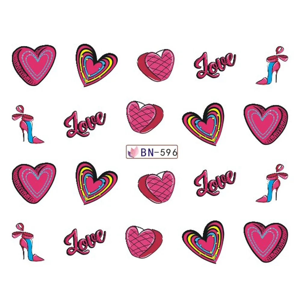 12 видов конструкций, женские цветные переводные наклейки для ногтей на высоком каблуке/красные губы/сердце любовь/Губная помада, наклейки для ногтей, TRBN589-600