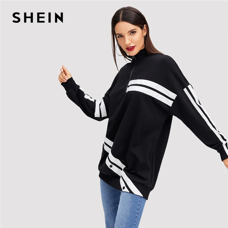 

SHEIN Black Minimalist Preppy Button Detail Color Block White Striped Long Sweatshirt Autumn Casual Campus Women Sweatshirts