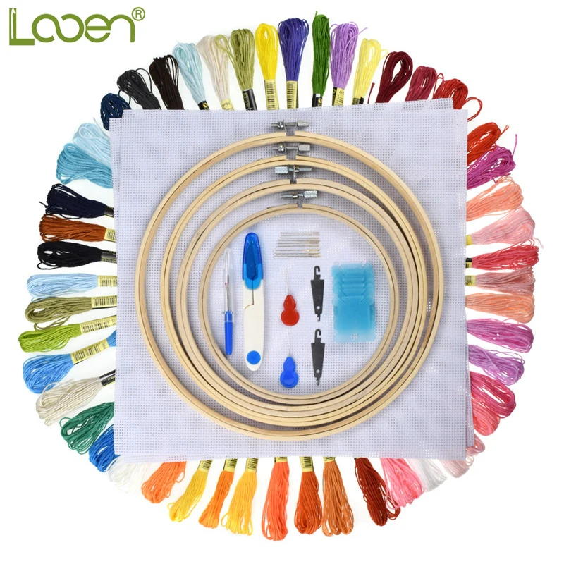 

Looen Cross Stitch Hoop Embroidery Hoop 5pcs Wooden Round Adjustable Bamboo Hoops Threads Scissors Needles Sewing Accessories