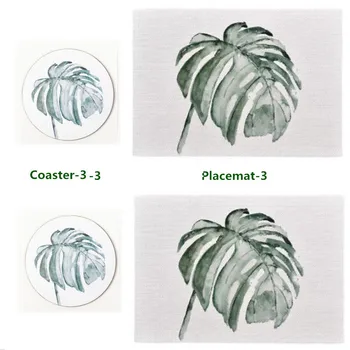 

Green Plant Table Mat 2pcs Soft PVC Placemats and 2pcs Wood Coaster Pad Non-slip Heated Coffee Tea drink Coasters Brand Mat 1set