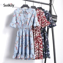 

Sarikily 2018 New Fashion Summer Floral Chiffon Dresses Women Sweet Dot Slim Office Print Dress Vintage Casual Female Vestido