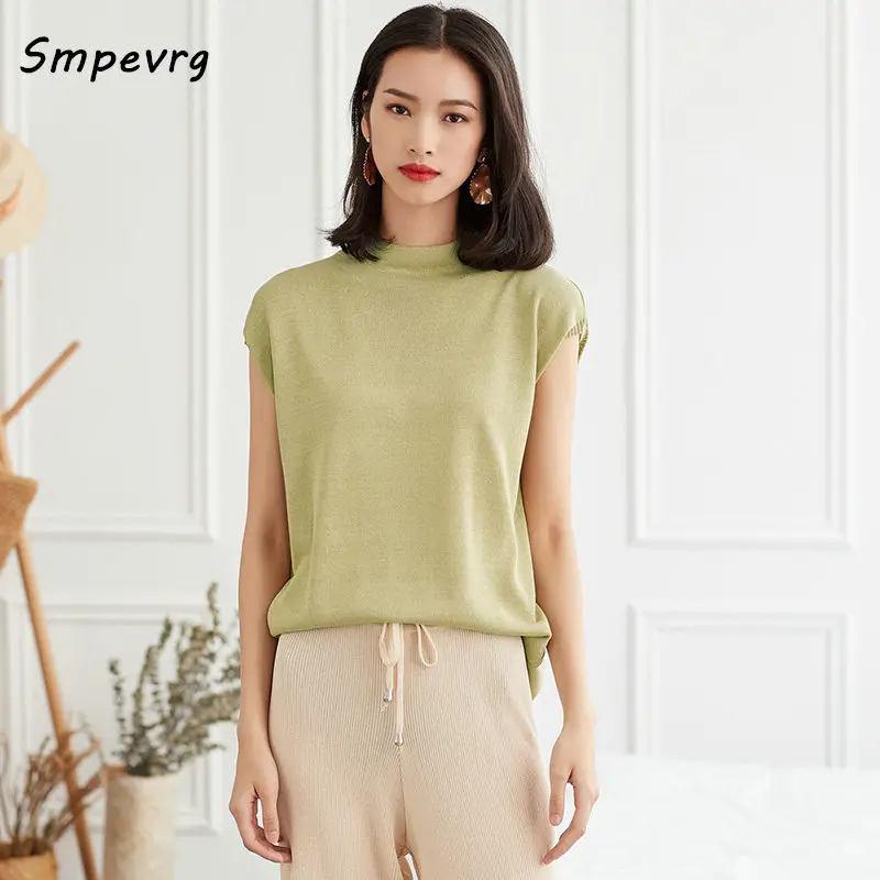 

Smpevrg spring summer new sweater women sweaters and pullovers half high neck sleeveless sexy women knitted female pullover tops