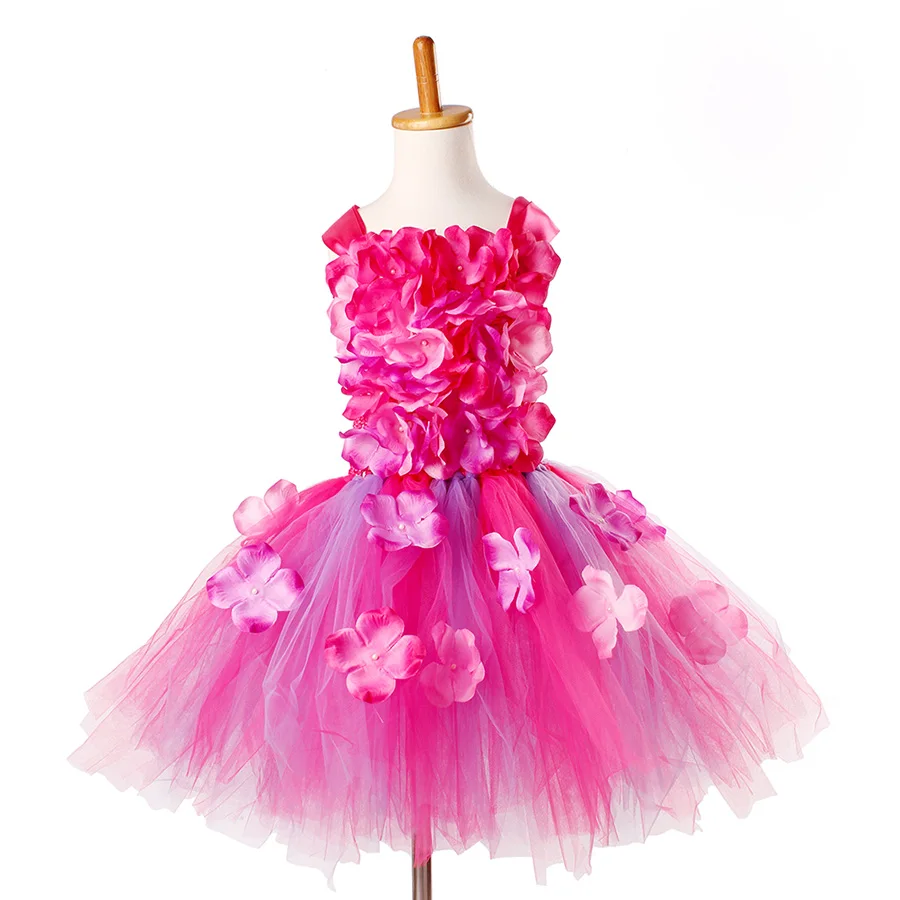 Girls Pink Purple Flowers Tutu Dress Summer Children Crochet Bodice Tulle Clothes (12)