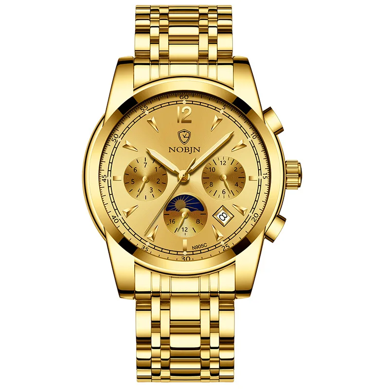 

luxury man watches gold NOBJN brand business stainless steel Mechanical automatic mens wristwatches Multifunction waterproof