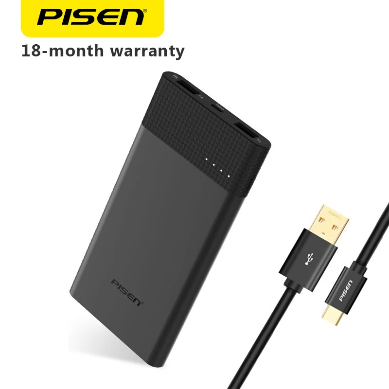 

PISEN 2.4A/5V 10000mAh Slim Power Bank 2S Pro Polymer Battery Type-c Portable External Battery Smart USB Charger for Phones