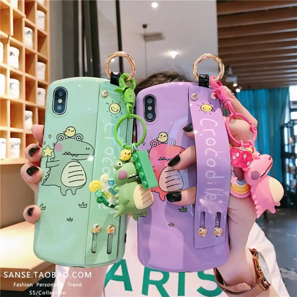 

Cartoon funny dinosaur 3D doll multi-function key pendant wrist bracket silicone cover for iphone MAX XS XR 7 8 plus phone cases
