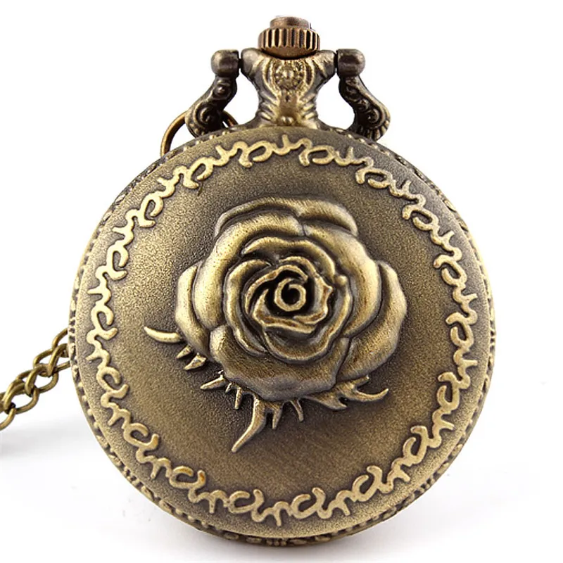Unique Bronze Rose Flower Design Quartz Pocket Watch FOB Chain Necklace Pendant Women Mens Gifts
