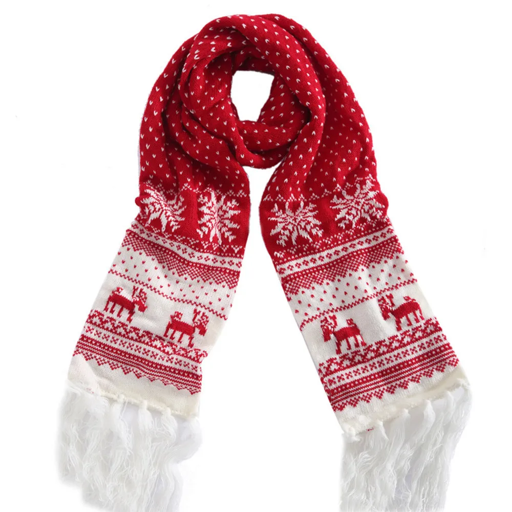 Унисекс классический дизайнерский Рождественский олень вязаный женский мужской олень; Снежинка шарф теплый толстый зимний кисточка шаль Рождественский красный цвет