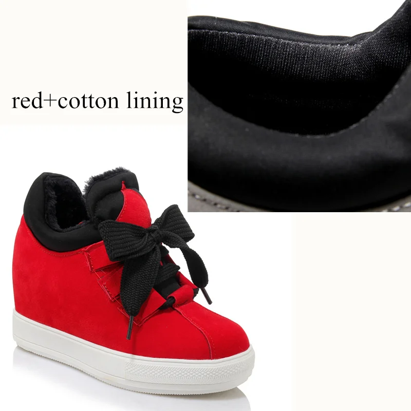 Новинка года; сезон осень-зима; теплые кроссовки для женщин; теплые зимние ботинки на меху со скрытым каблуком; женская модная повседневная обувь на танкетке; цвет красный, черный - Цвет: red with cotton