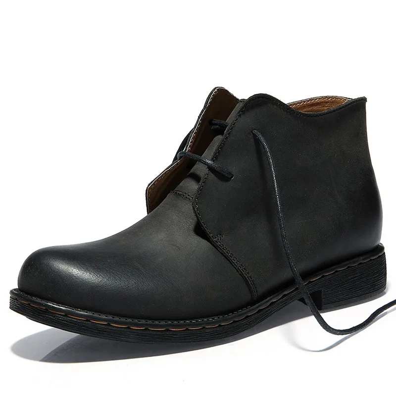 Обувь из натуральной кожи мужские ботинки повседневная обувь на шнуровке в британском ретро стиле с круглым носком на толстом каблуке теплые рабочие ботинки из флиса; большие размеры - Цвет: black
