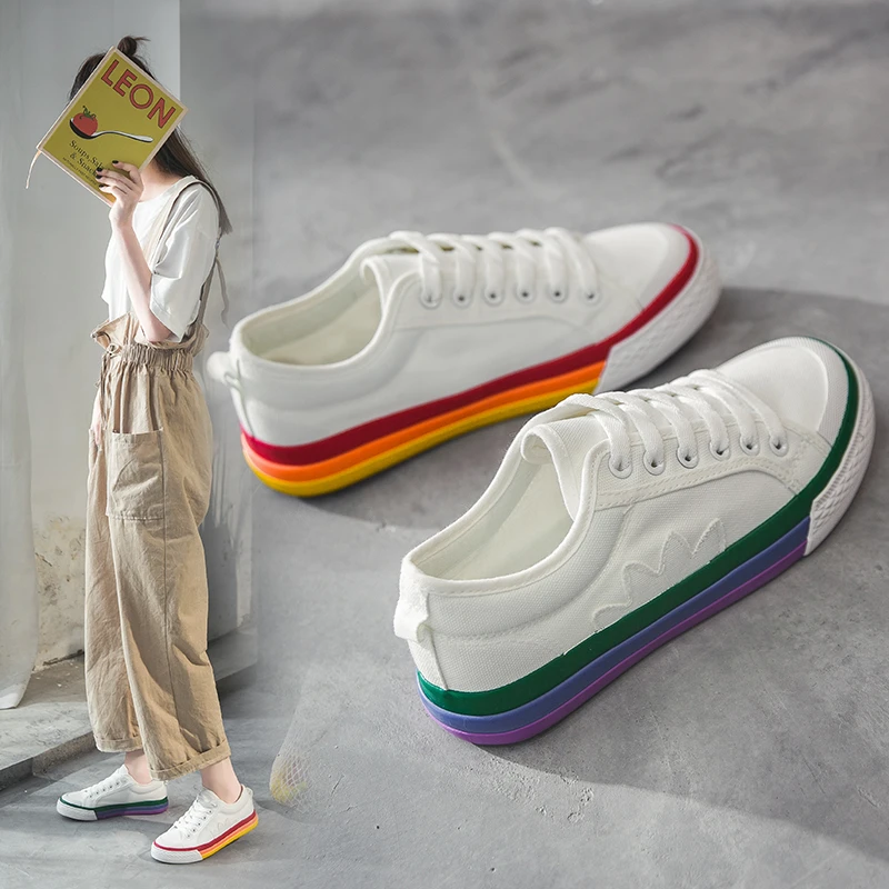 

Brand 2019 Autumn New Colorful Rainbow Bottom White canvas Shoes Women Sneakers Fashion leisure Shoes zapatos de mujer